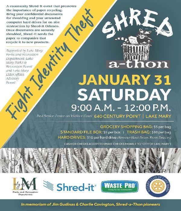 Flyer showing shredded documents and promoting event for 1/31/26, 9-12